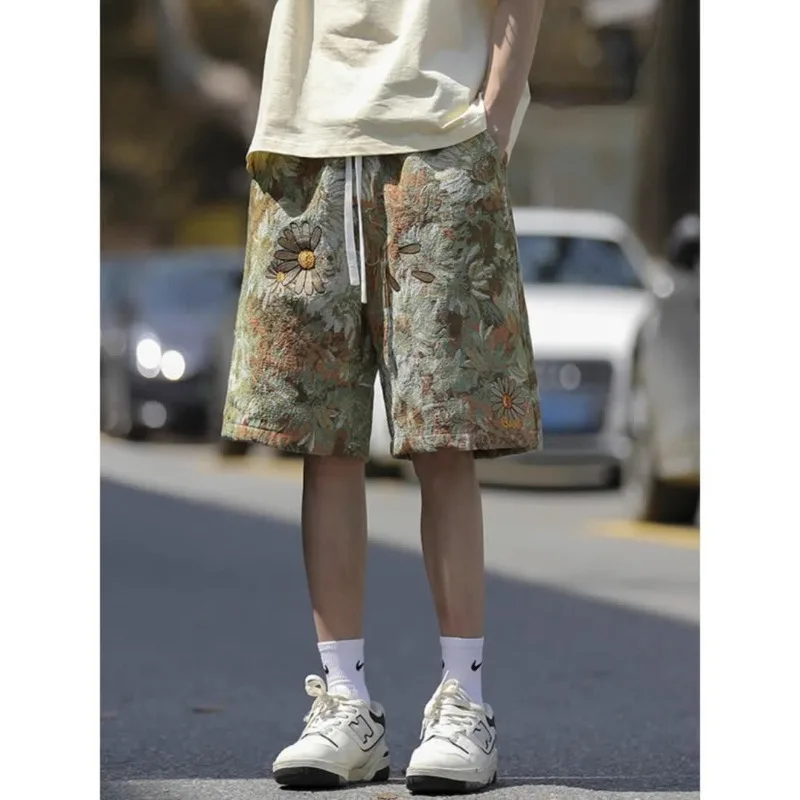 Chinese Style Comfortable Minimalist Casual Men\'s 2024 Summer Printed Elasticized Printed Drawstring Pocket Fashion Loose Shorts