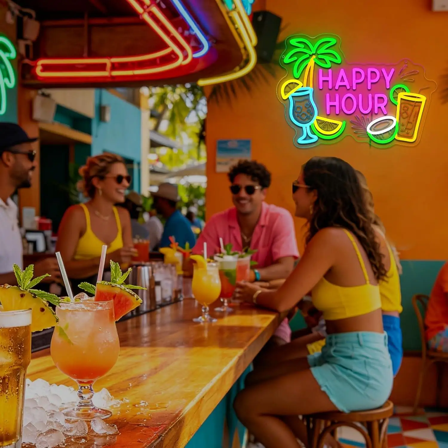 Happy Hour Palm Tree Cocktail Neon Sign Dimmable Led Lights For Tiki Bar Home Pub Man Cave Summer Party Interior Wall Decoration