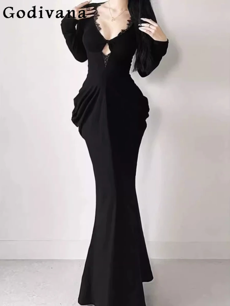 

Sexy Large Size L-4XL Hollow Temperament V-neck Long Black Fishtail Dress Spring Summer New Elegant Long Sleeve Fashion Dresses