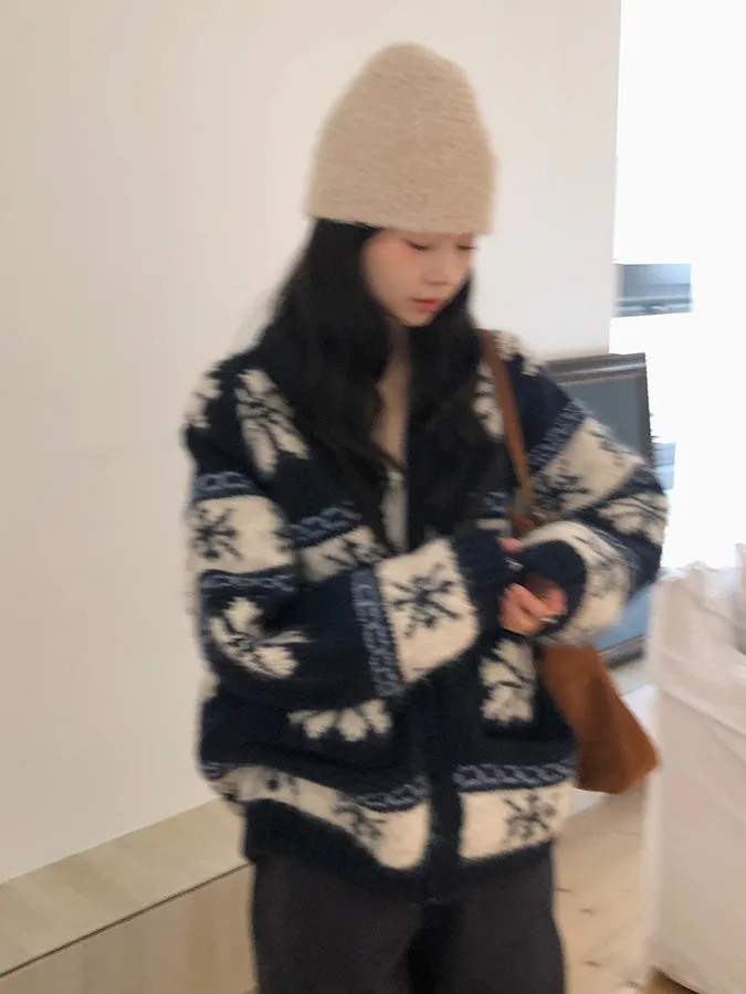 Retro Fair Isle Knitted Sweater Coat Women's Loose Korean Sle Autumn Winter Lazy Faion Open Cardigan Trendy Girl's Clothes