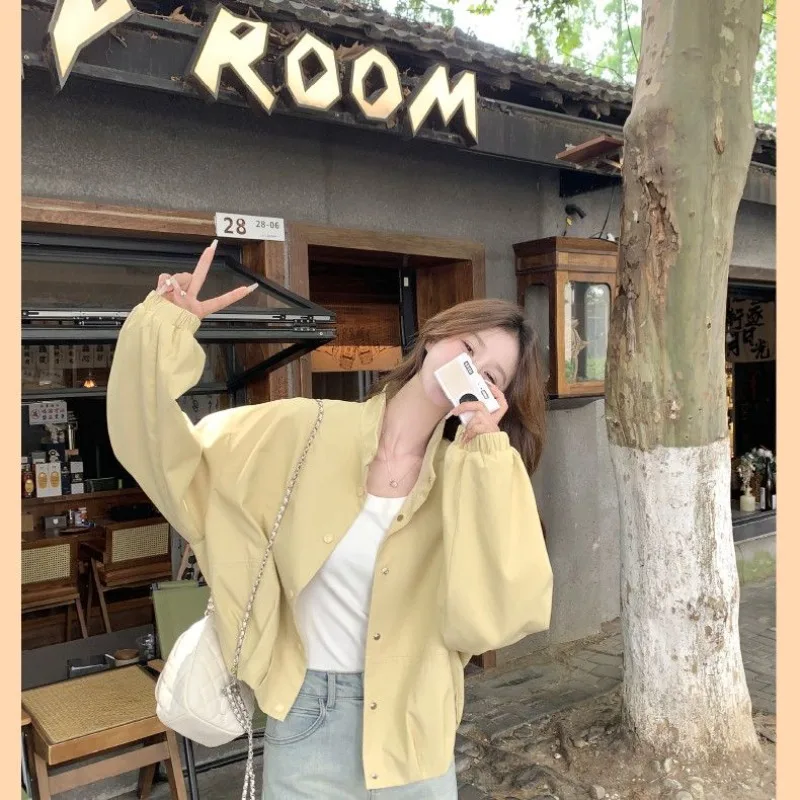 Milk Yellow Coat Women's Short 2026 Spring New Korean Lazy Style Casual Fashion Jacket Autumn Tooling Outwear Oversize