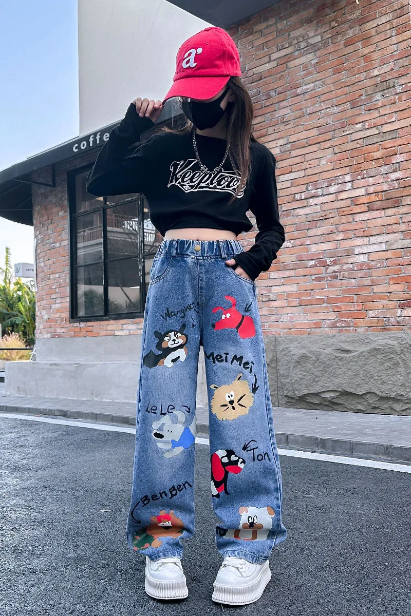 Summer Girls' Fashion Solid Color Button Cartoon Animal Pants Jeans Flare Pants 4-10 Years Old