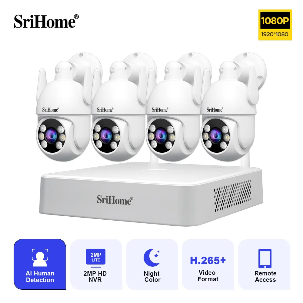 Srihome  NVS011+IPC059 2MP 1080P 4CH NVR Kit Wireless IP Camera Full Color Wireless PTZ Baby Monitor
