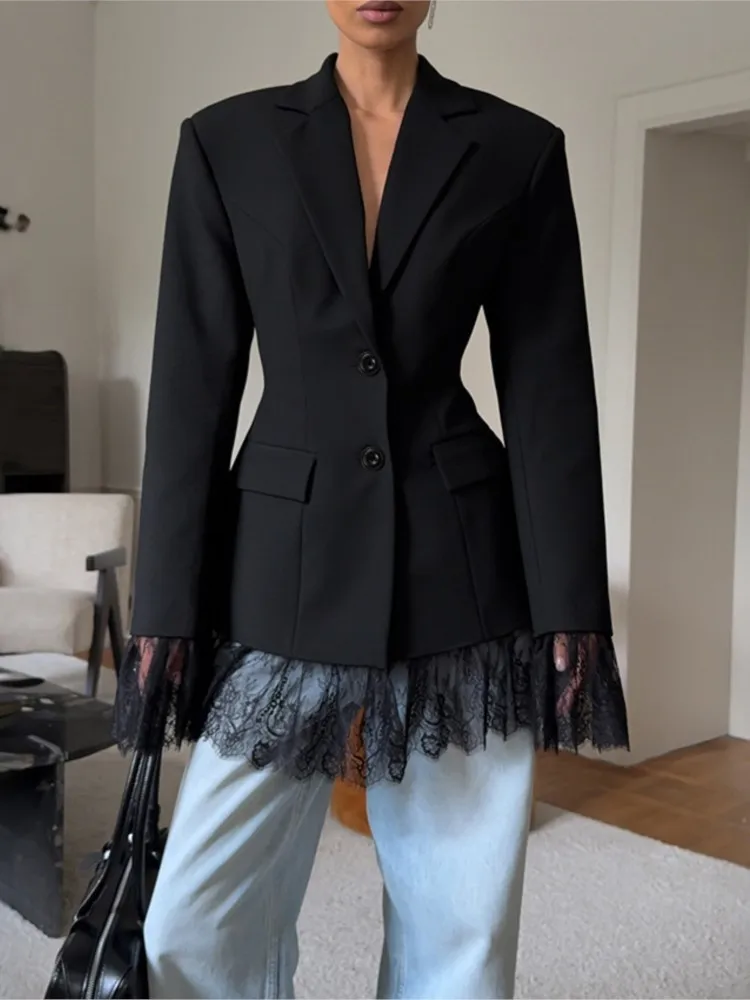 

Elegant Lace Blazer Coat Women Fashion Office Lady Long Sleeve Single Breasted Jackets 2025 New Autumn Black Casual Slim Coats