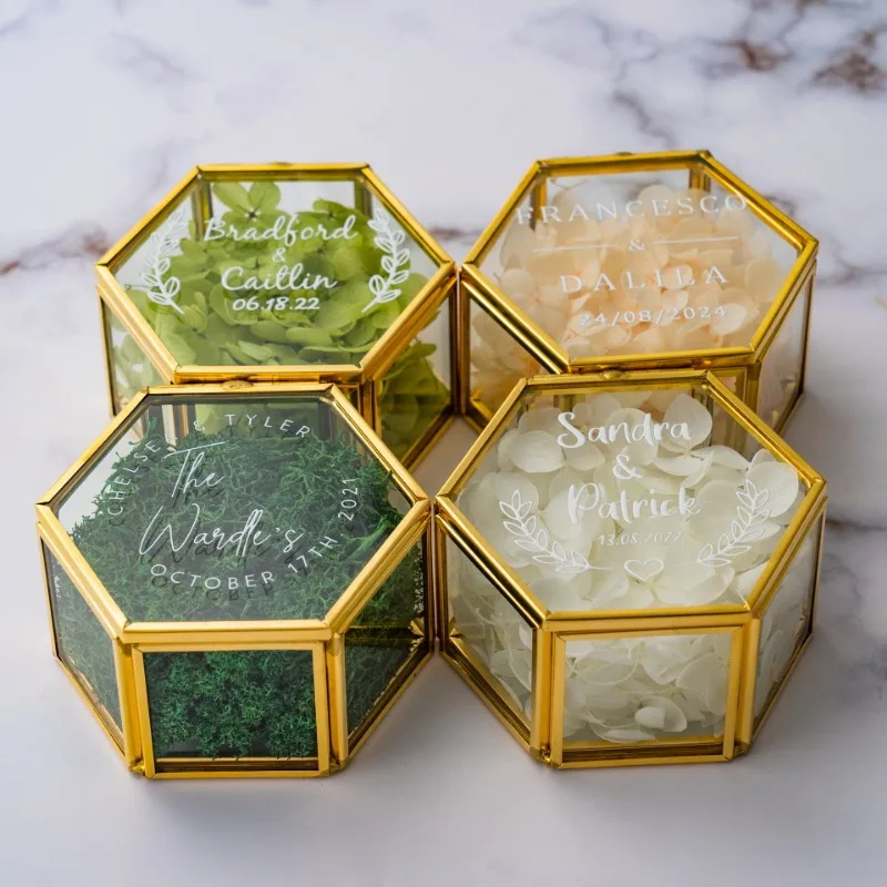 Custom Personalized Hexagonal Glass Proposal Ring Box with Moss Wedding Engagement Valentine's Day Decoration Jewelry Organizer