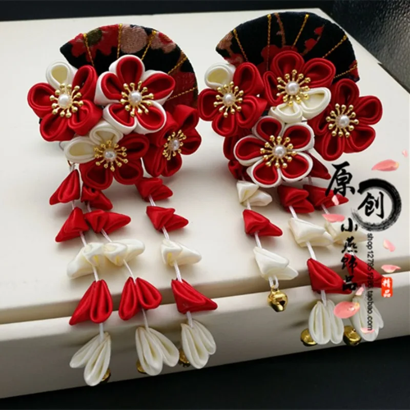 

Japanese Hanfu Kimono Geisha Red Sakura Hair Clip Antiquity Hair Accessories Fan Bell Tassel Hairpin Tsumami zaiku Headdress