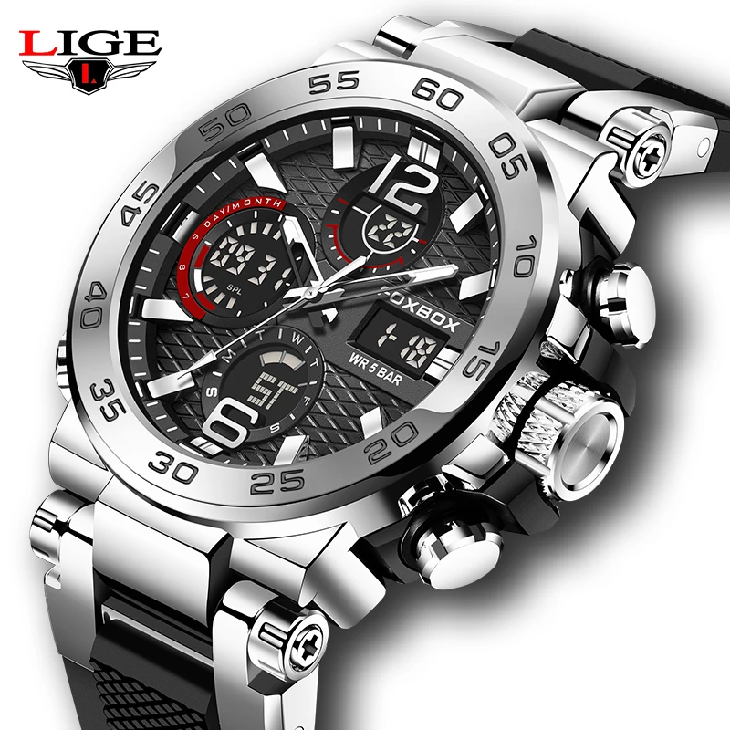 LIGE Mens Sports Watches Men Quartz LED Digital Clock Top Brand Luxury Male Fashion Silica Gel Waterproof Military Wrist Watch