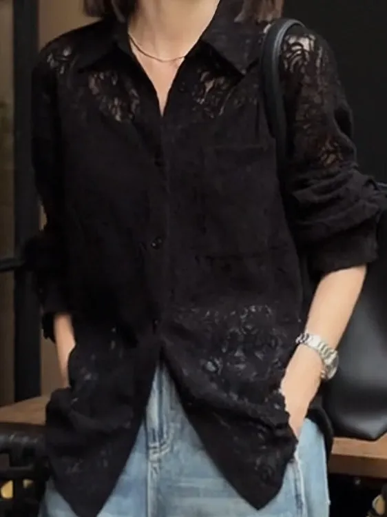 

Черная кружевная блузка женская, весна 2026, новый стиль, элегантный молодежный дизайн, стройнящий силуэт, с вырезами, в корейском стиле, свободный крой, длинный рукав