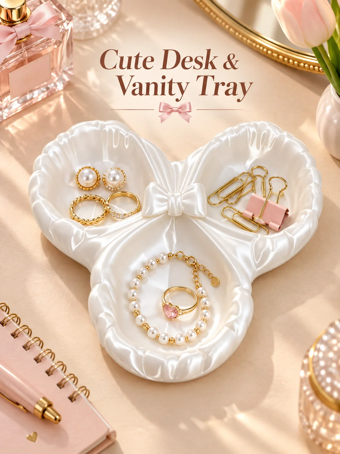 Glossy Pearl White Bowknot Jewelry Storage Tray, 3D Printed White Pla Silky Satin Texture Three-Compartment Storage Tray, Exquisite Romantic Girly Style High-Aesthetic Dressing Table Ornament, Desktop Storage Box Jewelry Display Stand, Can Hold Rings, Earrings, Necklaces, Paper Clips, Hair Accessories, Categorized Storage for Neat Organization and Easy Visibility, Both a Storage Tool and a Beautiful Desktop Decoration, Suitable for Multiple Scenarios, Lightweight and Not Easily Fragile