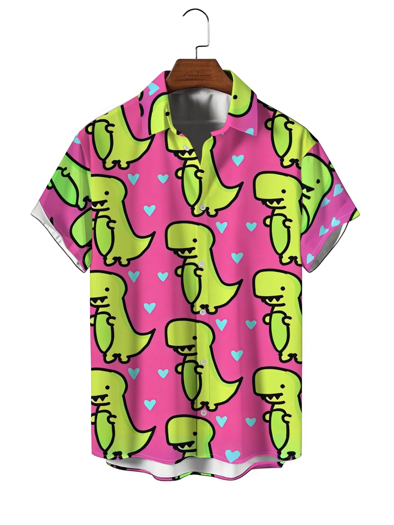 US Korean Hot Aloha Hawaiian Shirt Cute Dinosaur Heart Print Oversized Short Sleeve Y2K Beach Vacation Unisex Blouse