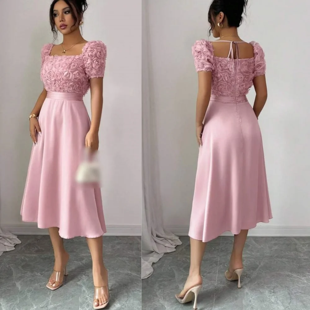 

Customized Chinese Style Jersey Flower Pleat A-line Square Neck Midi Dresses Bespoke Occasion Intricate