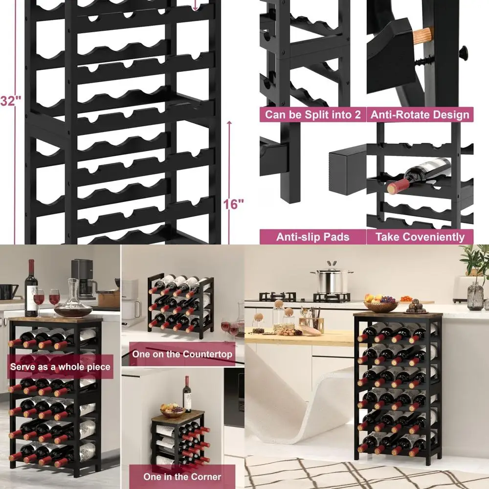 

Отдельно стоящая 6-уровневая бамбуковая винная полка, вмещает 24 бутылки, со столешницей, штабелируемая для кухни, бара, столовой, коричневого цвета в деревенском стиле и