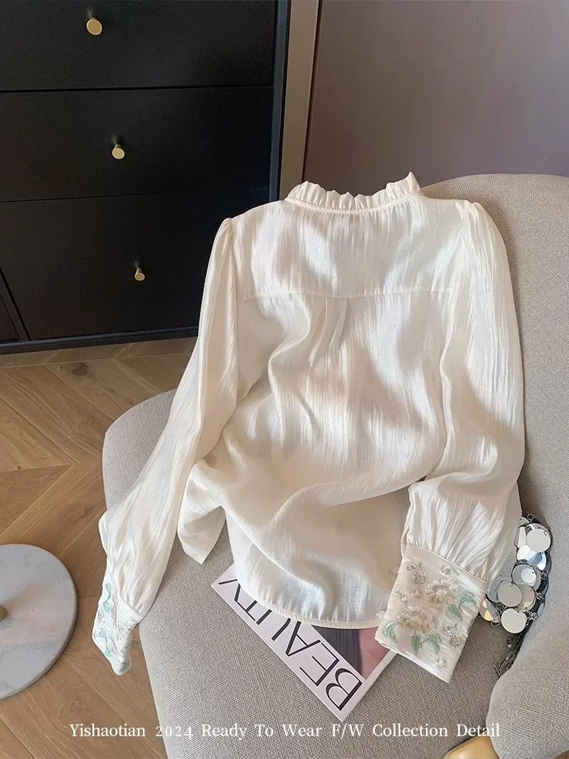 

Китайские атласные женские рубашки 2024, весна-лето, блузки с вышивкой в китайском стиле, свободные модные винтажные женские топы с длинными рукавами