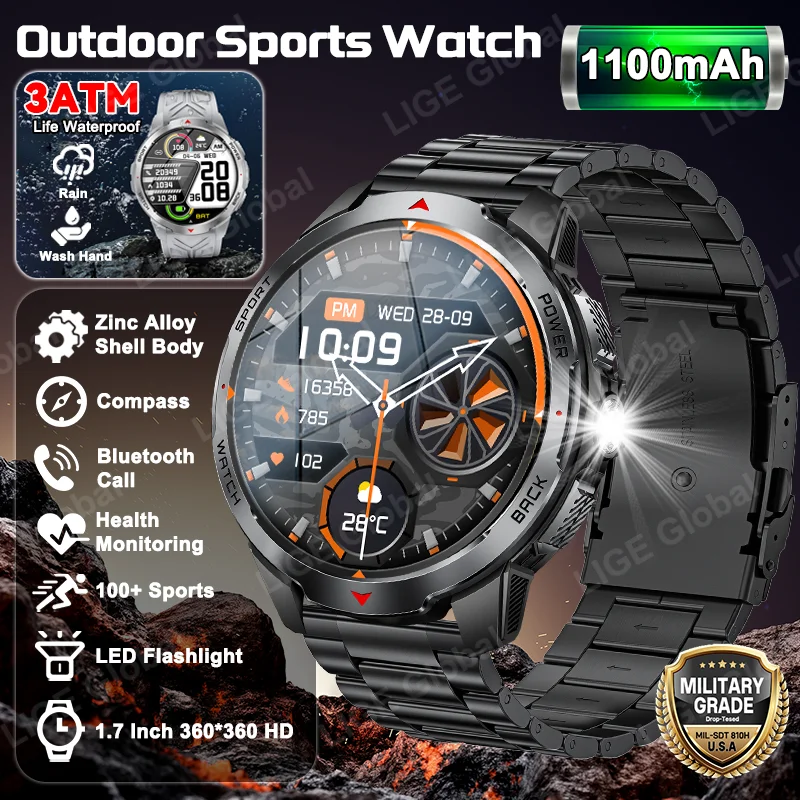

LIGE 1100mAh Military Outdoor Smart Watch Men 1.7" Large Display Compass Sports Watch 3ATM Waterproof Bluetooth Call Smartwatch
