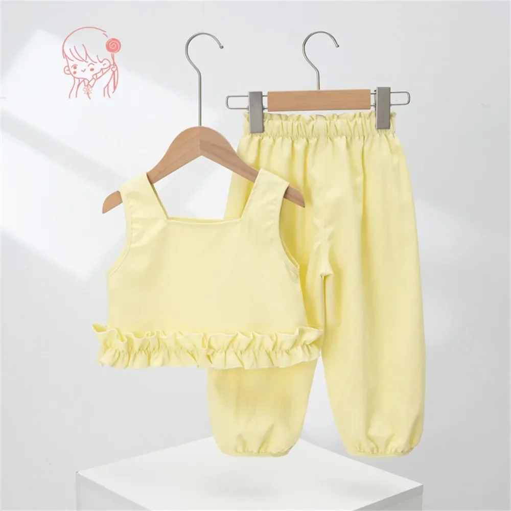 Girl's Suit 2024 Baby Girl's Summer Rolled Lace Sleeveless Top + Shorts Casual Two-piece Set Little Girl Kids