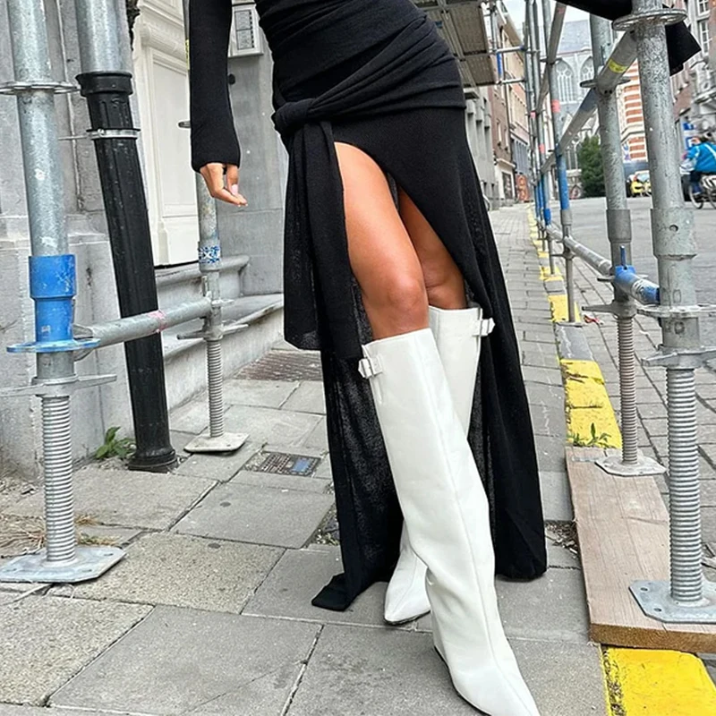 Ellafads Autumn Fashion Women Long Dress Solid One Shoulder Long Sleeve Nipped Waist Tie-Strap Slit Irregular Black Dresses