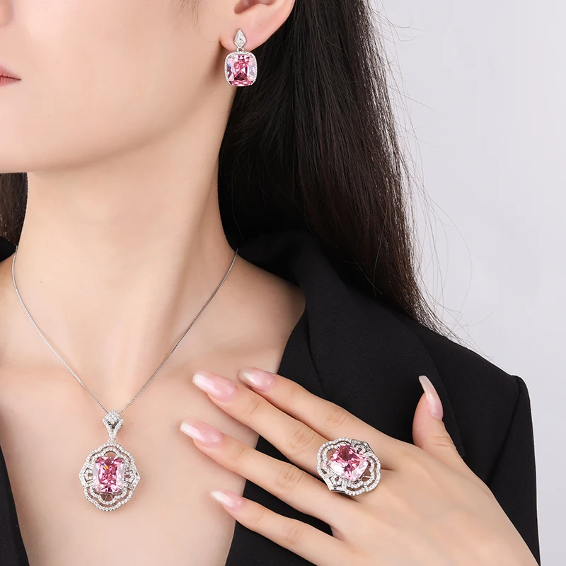 EYIKA Luxury Charms Square Pink Crystal Pendant Necklace Ring Earrings Hollow Flower Zircon Wedding Fine Jewelry Set for Women