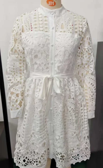 우아한 셔츠 여자 드레스 섹시 할로우 레이스 드레스 새로운 봄 가을 버튼 레이스 업 사무실 레이디 미니 드레스 여성 여성