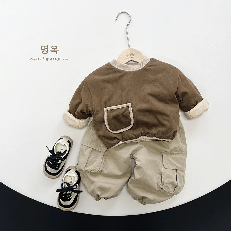 Winter New Children Loose Trousers Plus Velvet Thicken Baby Boy Girls Solid Casual Pants Fashion Kids Fleece Warm Cargo Pants