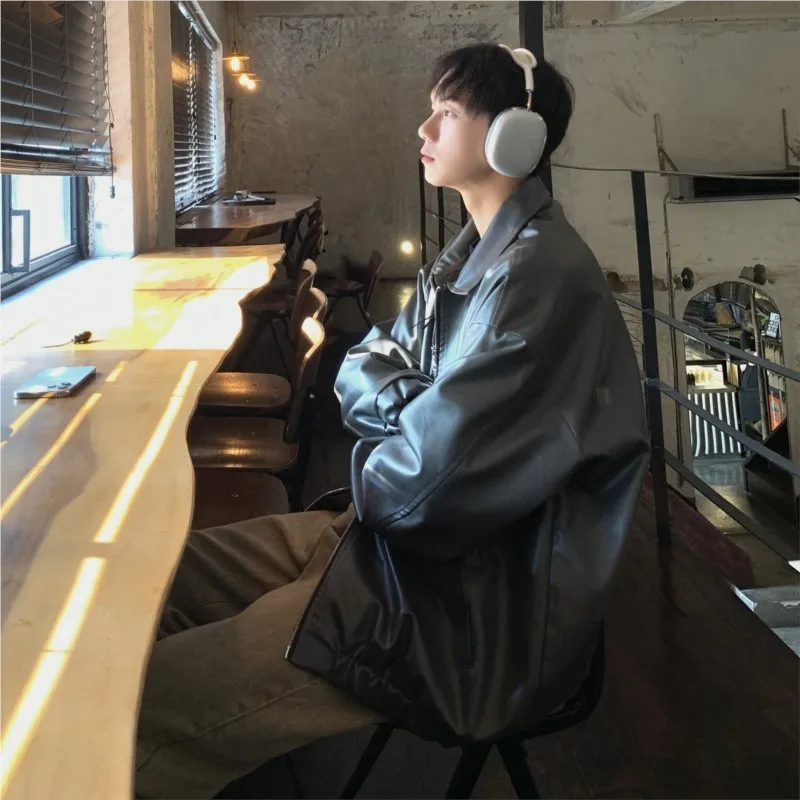 Autumn Vintage PU Leather Jacket Men Solid Collar Turn-down Collar Jackets Mens Biker Fashion Motorcycle Causal Coat 5XL-M