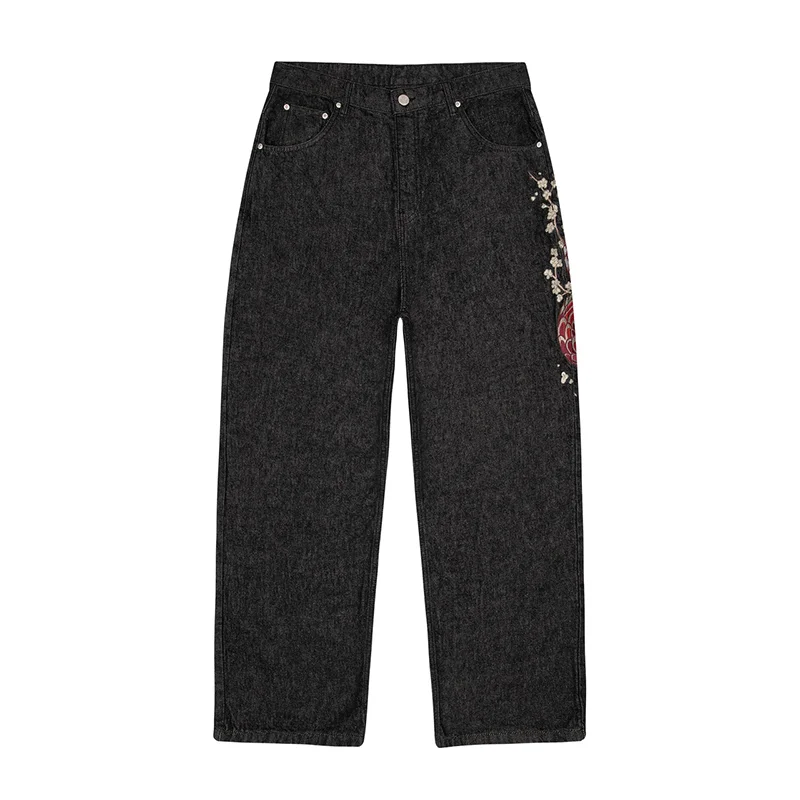 Y2K Washed Distressed Jeans Dragon Plum Blossom Pattern Embroidery Casua Loose Wide Leg Jeans Men Women Fashion Trend Streetwear