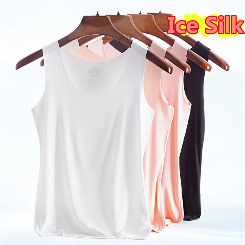 Hot Sale Women\'s Sling Camisoles Solid Seamless Ice Silk Sleeveless Tee Tops Vest Underwear Sexy Female Tank Tops Thin Slim