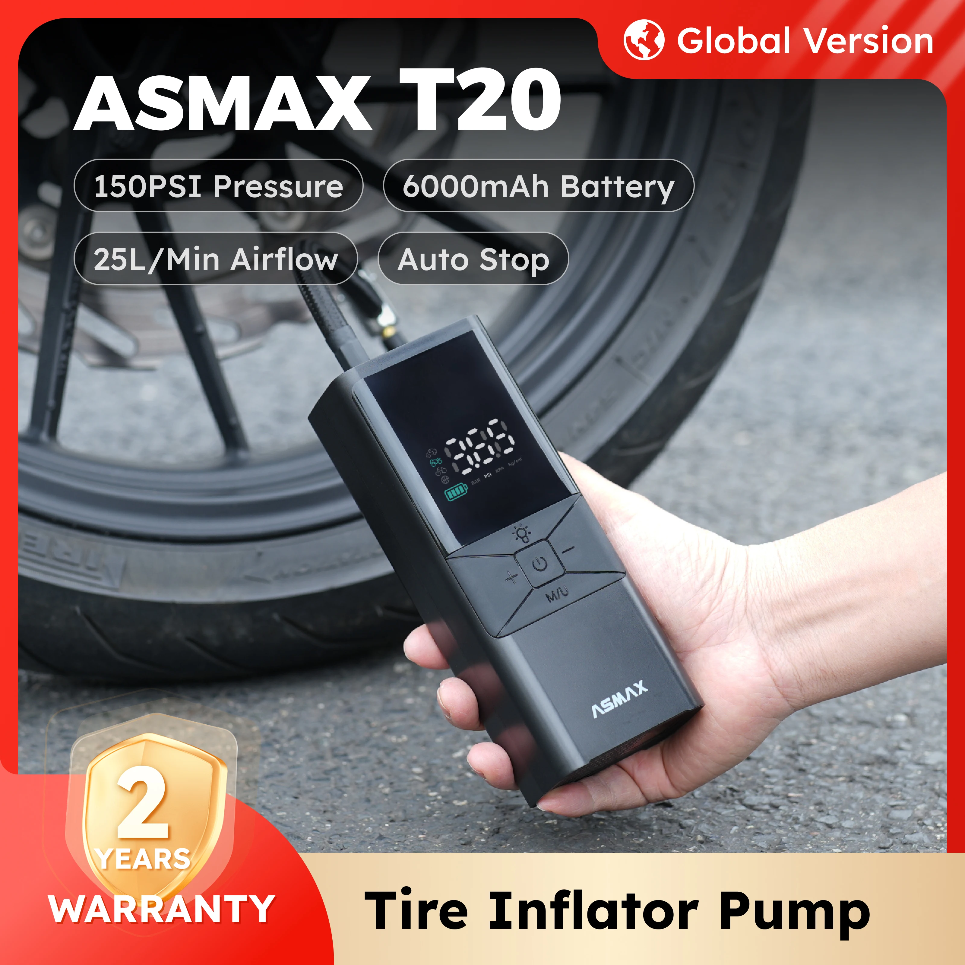 

Портативный компрессор ASMAX T40 для подкачки шин, 150PSI, 6000 мАч, перезаряжаемый, с LED-дисплеем и мониторингом давления в реальном времени