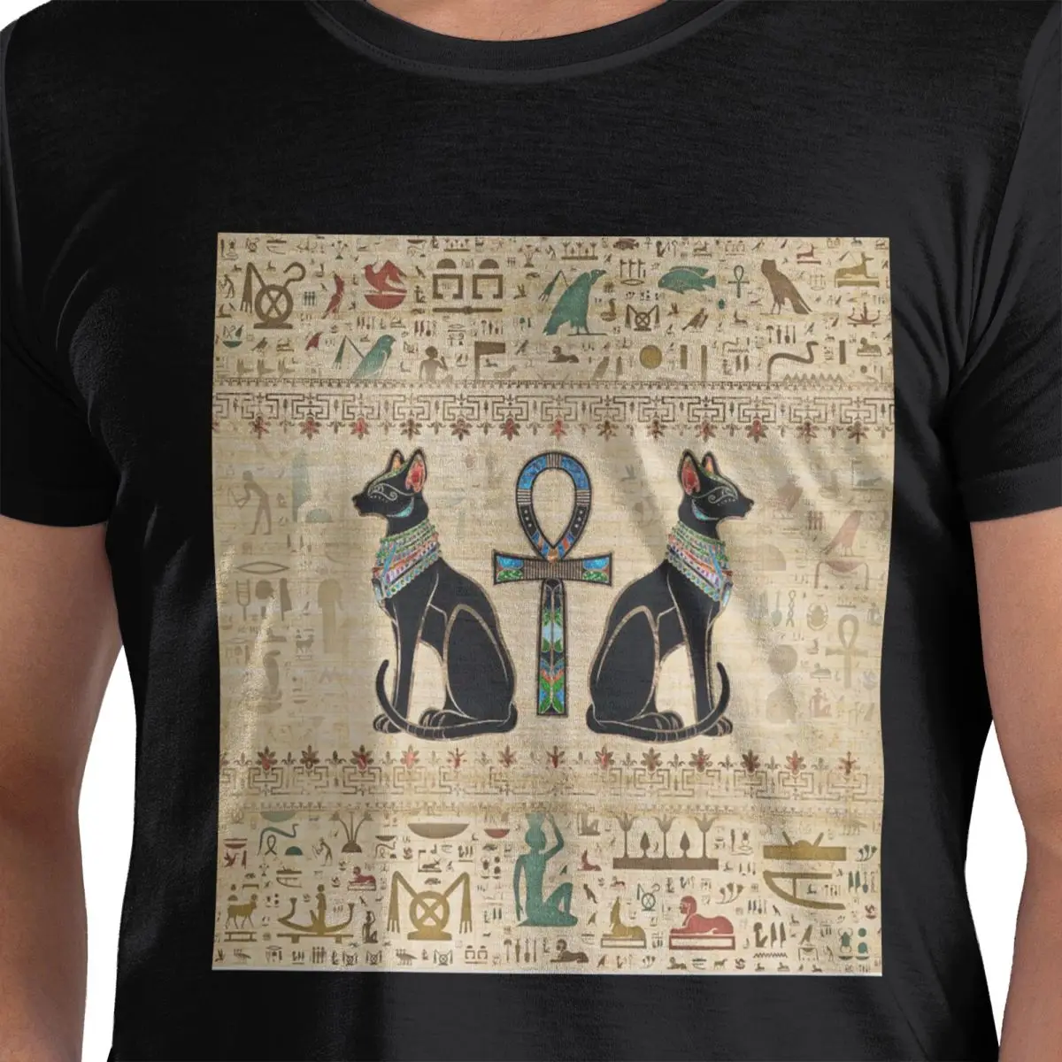 

100% Cotton Egyptian Cats And Ankh Cross T-Shirt Men's Fashion Oversized T Shirt Men Crew Neck Summer Shirts Tops S-6XL
