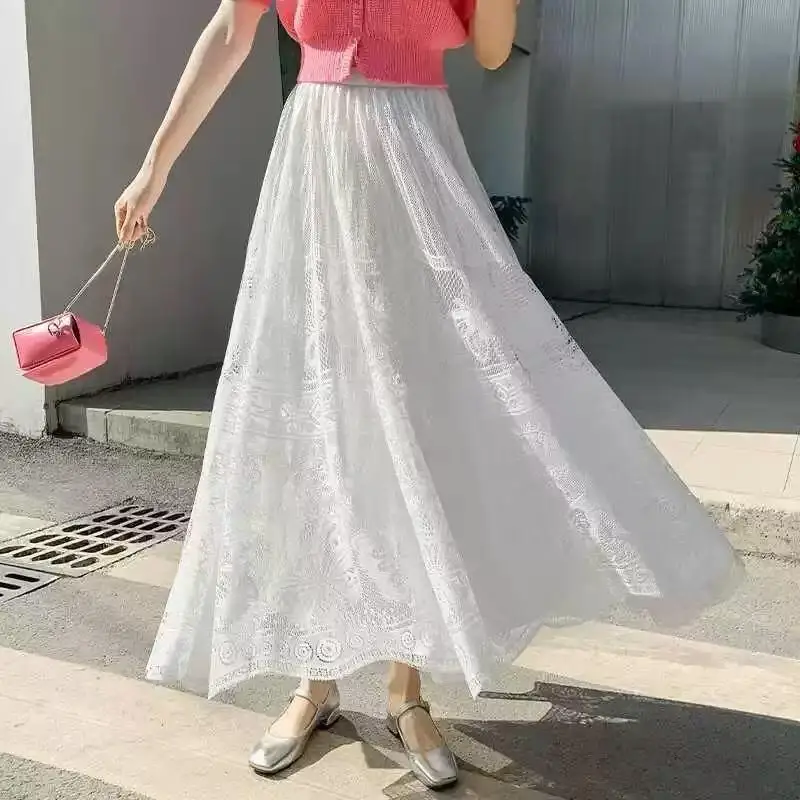 Hot 2026 Spring Summer New Women High Waist Fairy Style Casual A-Line Long Skirt Fashion Versatile Elegant Lace Mesh Half Skirt