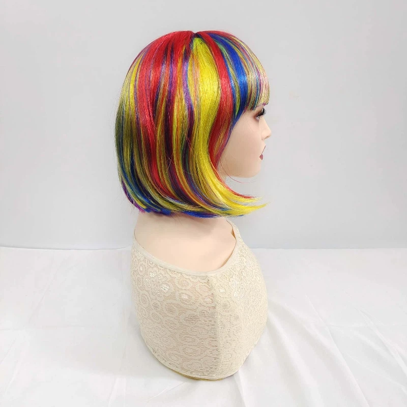 Heat Resistant Multi Color Long Straight Wig with Bangs for Women Rainbow Hair Party Cosplay Halloween Festival