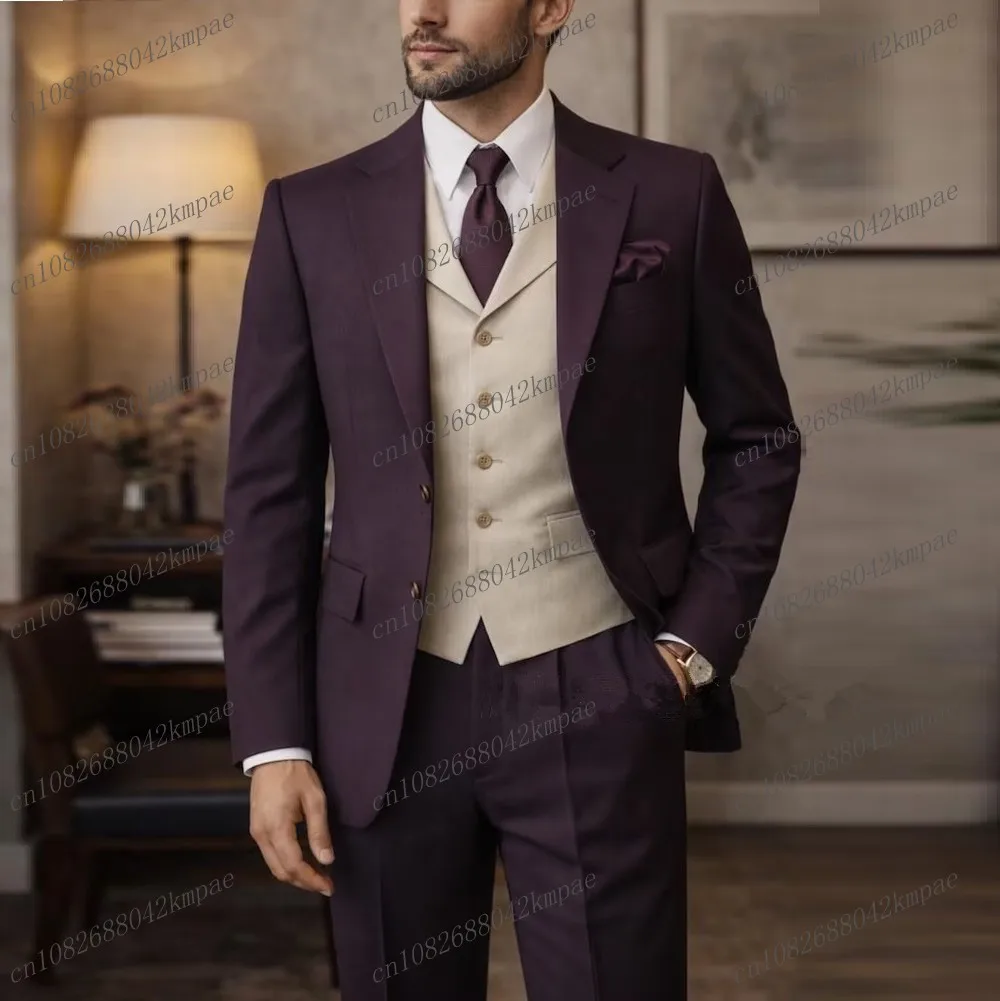 

Dark Purple And Beige New Formal Men Suit Groom Groomsman Wedding Party Prom Business Male Tuxedos 3 Piece Set Blazer Vest Pants