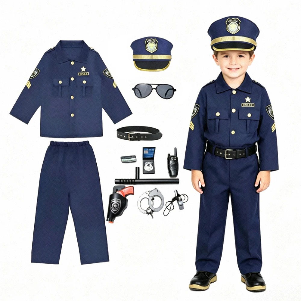 Kids Police Cosplay Costume Uniform Set Tops Pants Hat Belt Handcuffs Accessories Boys Halloween Party Cosplay Role Play Outfit view 4