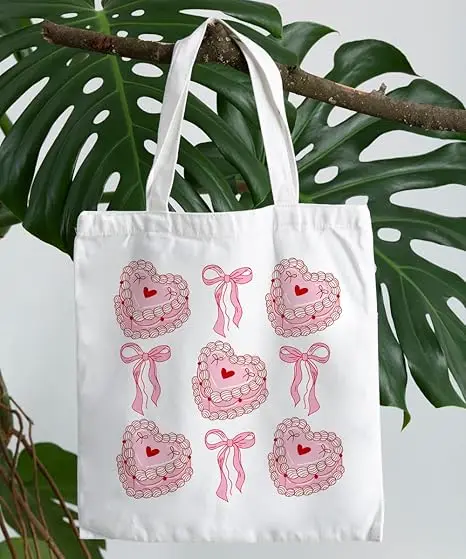 

Cute White Canvas Shoulder Bag, Pink Heart Patterned Bow Decoration Shoulder Bag Women and Girls Daily Commuting Handbag