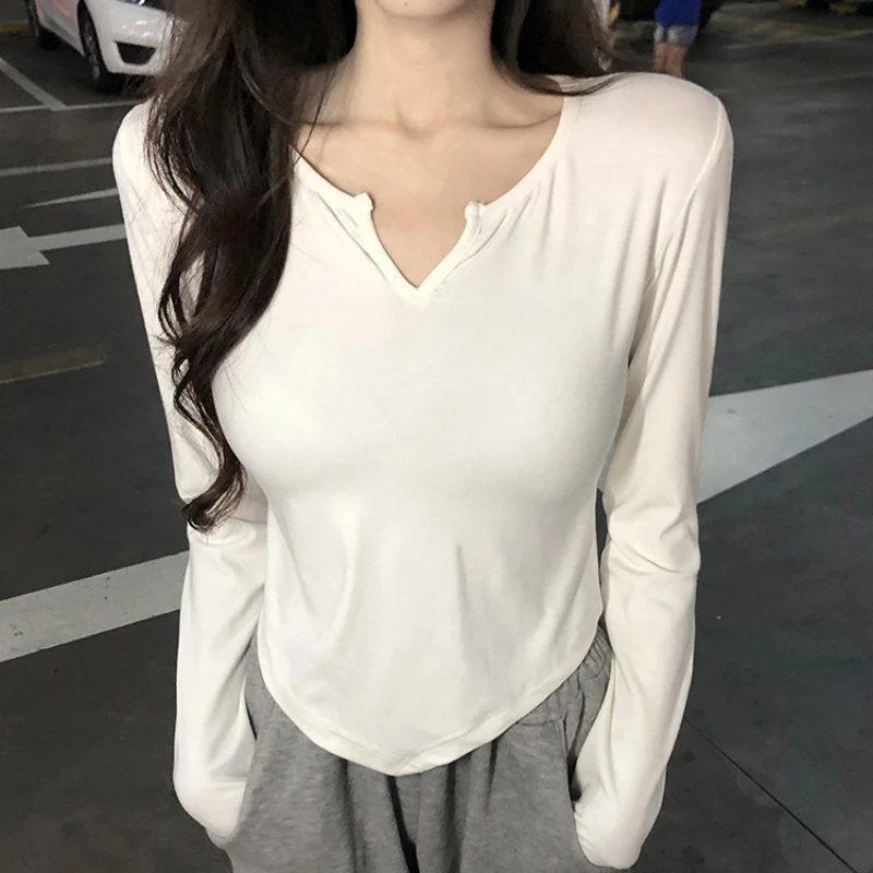 Women Long Sleeve T Shirt Spring Autumn Y2k Crop Top Casual Slim Fit Pullovers Korean V-Neck Top Streetwear Female Basic Tees