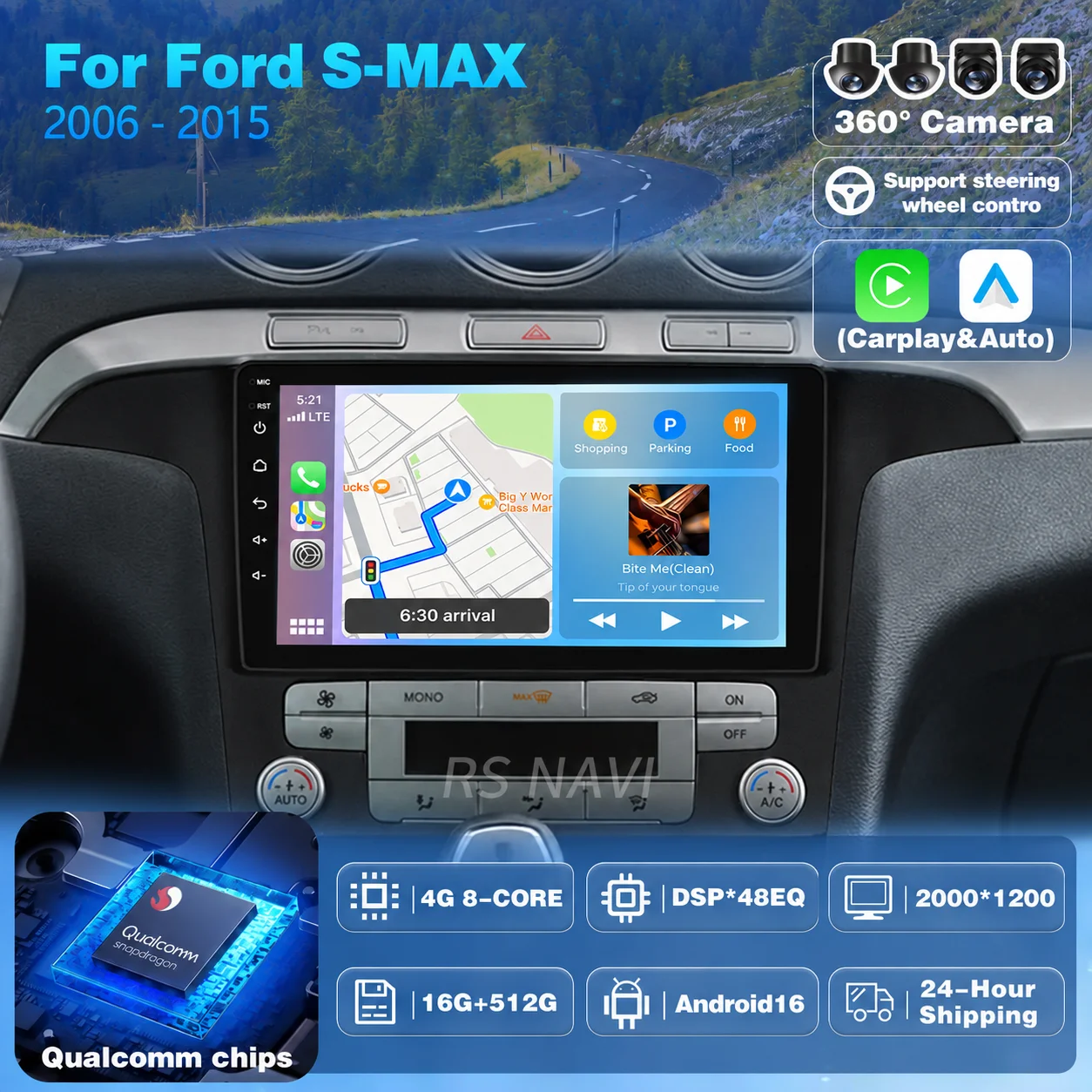 Plug and Play Android 16 For Ford S-MAX 2006 - 2015 Carplay Auto Qualcomm Screen Car Radio Player GPS BT Multimedia Navigation