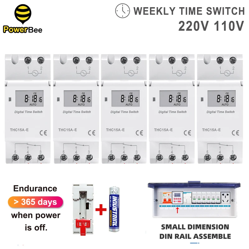 

5PCS Timer Switch THC15A-E with AAA Battery or No Battery Weekly Programmable 28On/Off Setting Digital Time Relay 220V 110V