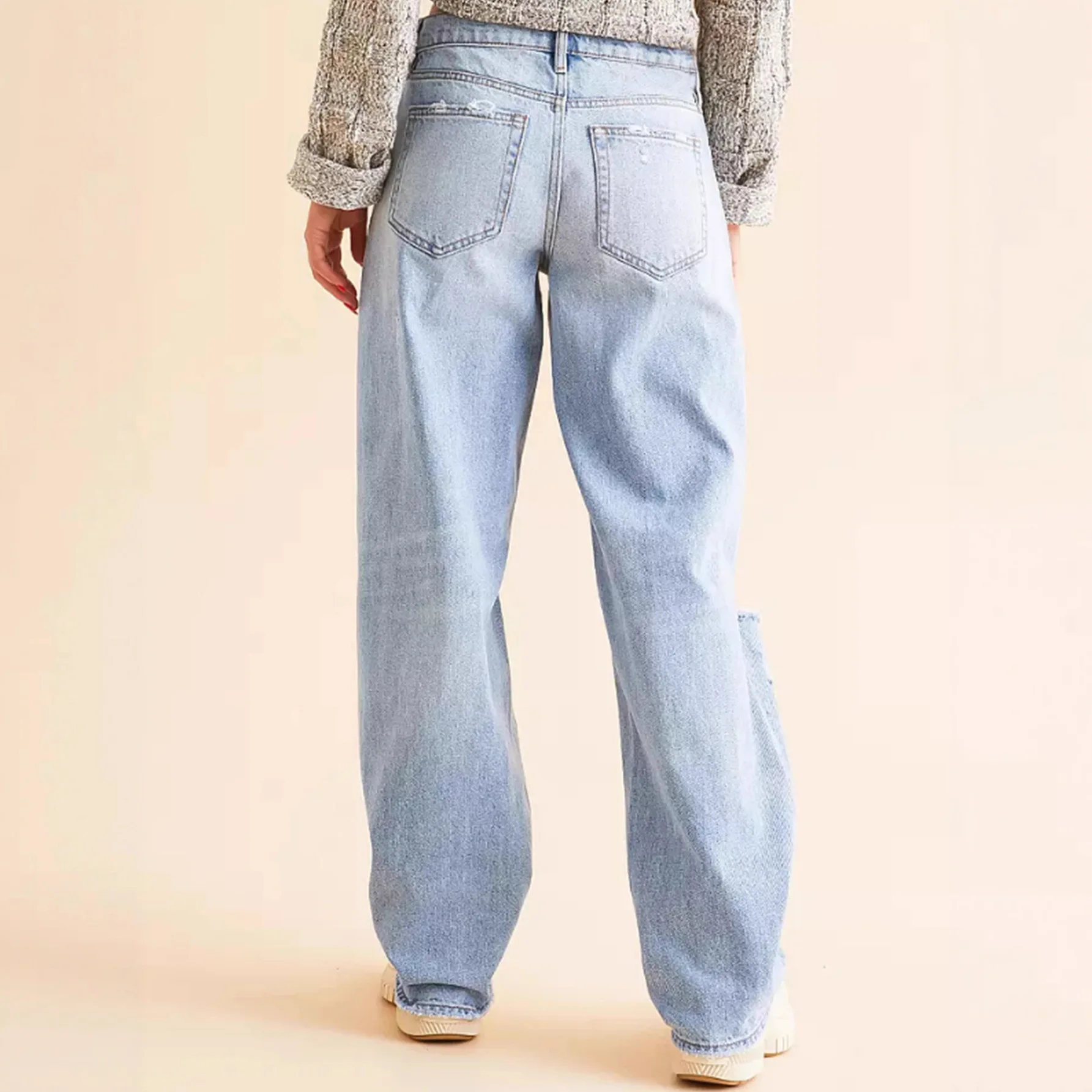 Washed Personality Hole Loose High Waist Denim Wide-leg Pants,Women's Four Seasons New Classic Fashion Casual Floor-length Jeans