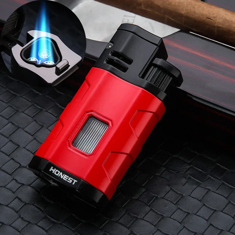 HONEST Luxury Metal Windproof Pocket Cigar Lighter Jet Flame Torch Lighters for Cigar with Punch Drill Cigar Cutter Accessories