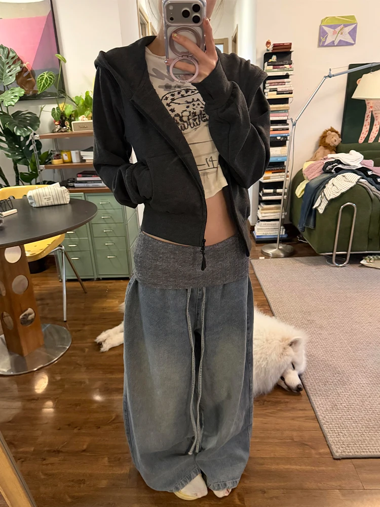 

Ретро-джинсы в американском стиле для женщин: весенние трикотажные брюки с широкими штанинами, свободные, в пол, повседневные