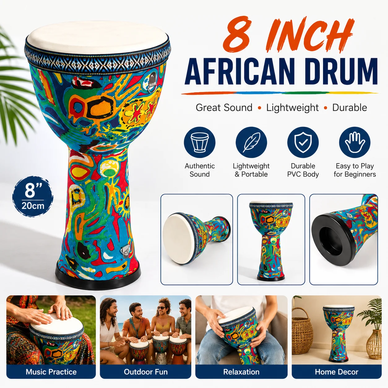8 Inch African Drum Large 8 Hand Drum PVC Drum Body Lightweight Hand Drum Percussion Bongo Drum Suitable for Adult Beginners