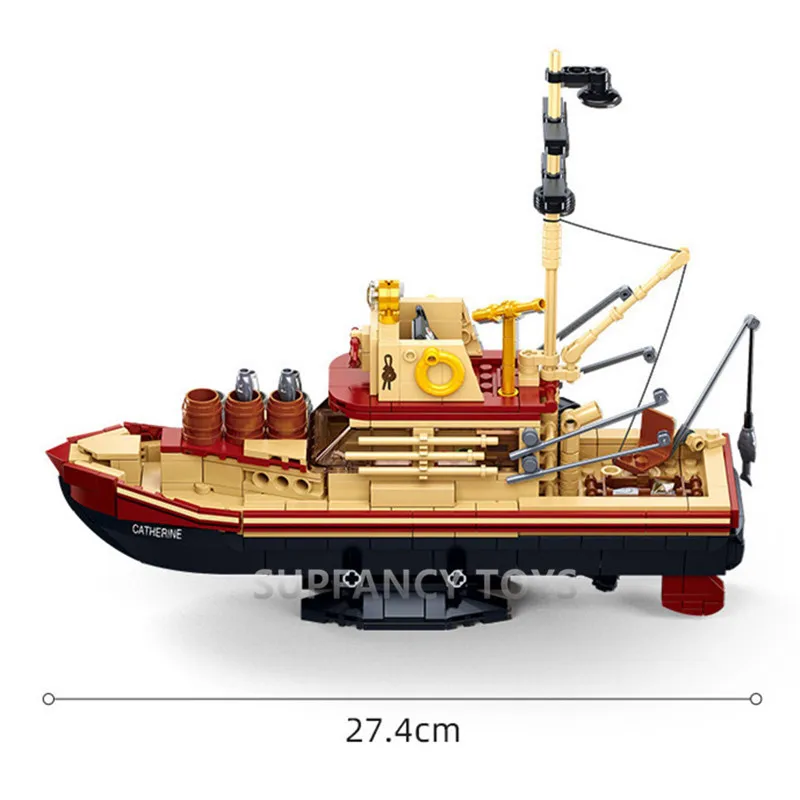 592PCS The Great Shark Vessel Trawlboat Model Building Blocks Pirate Ship Sea Fisher White Shark Figures MOC Toys With Stickers