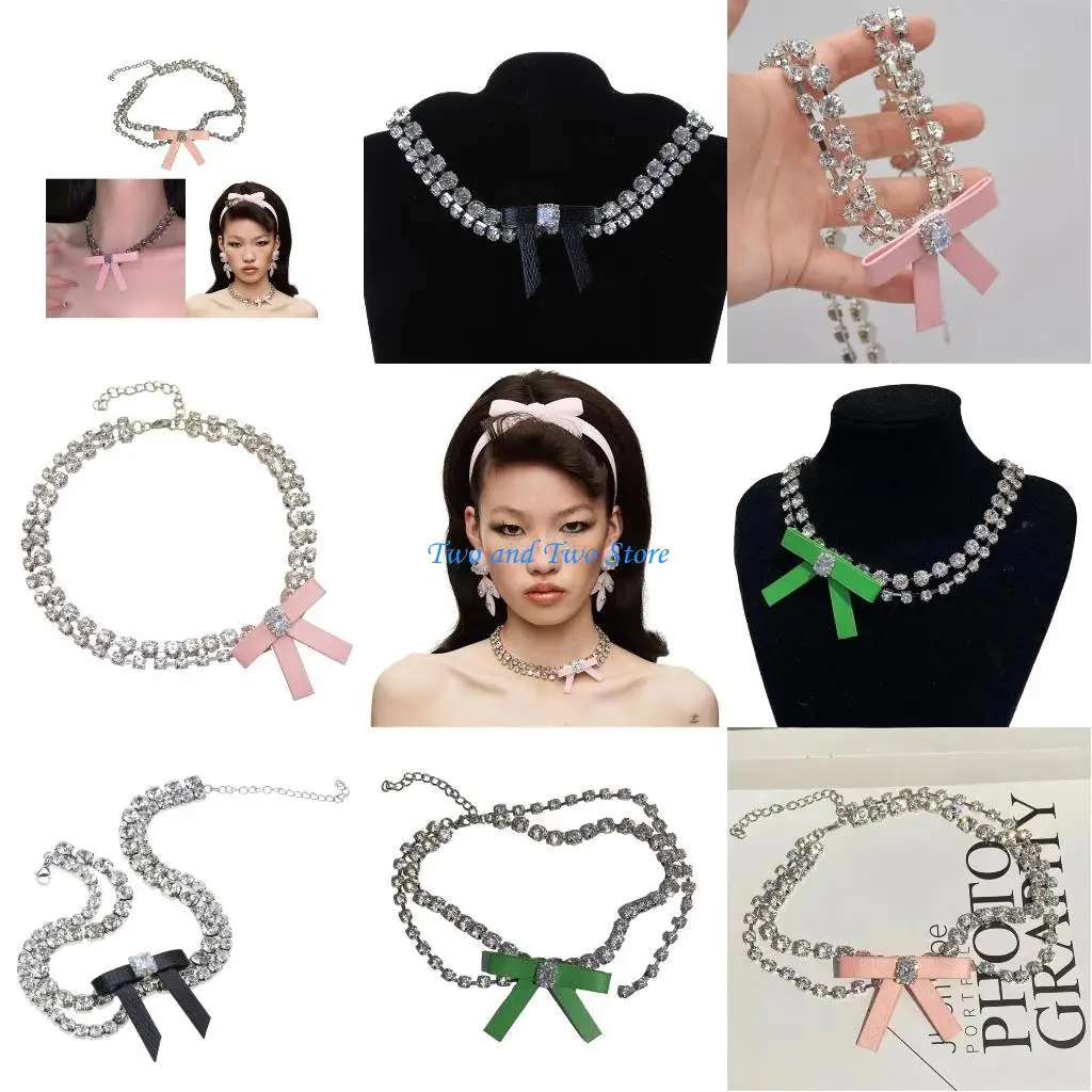 

HX6F Unique Bowknot Necklace with Sparkling Zircon Stone Sweet Cool Bowknot Necklace Dainty Collar Clavicle Chain Jewelry