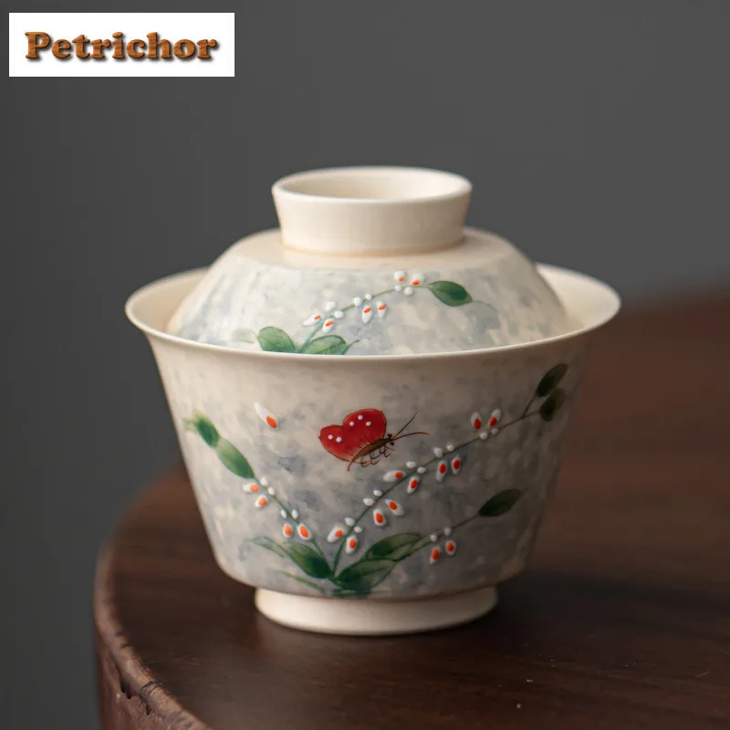 150ml Hand Drawn Orchid Butterfly Gaiwan Aesthetic Tea Tureen Tea Bowl With Lid Kit Tea Maker Cover Bowl Tea Ceremony Collection