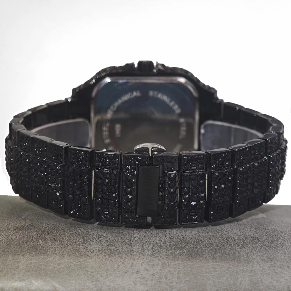 유니게트 럭셔리 아이스드 워치 남성용 쿨 블랙 다이아몬드 힙합 쿼츠 시계 남성용 로마 숫자 사각 손목시계 선물 특가 판매