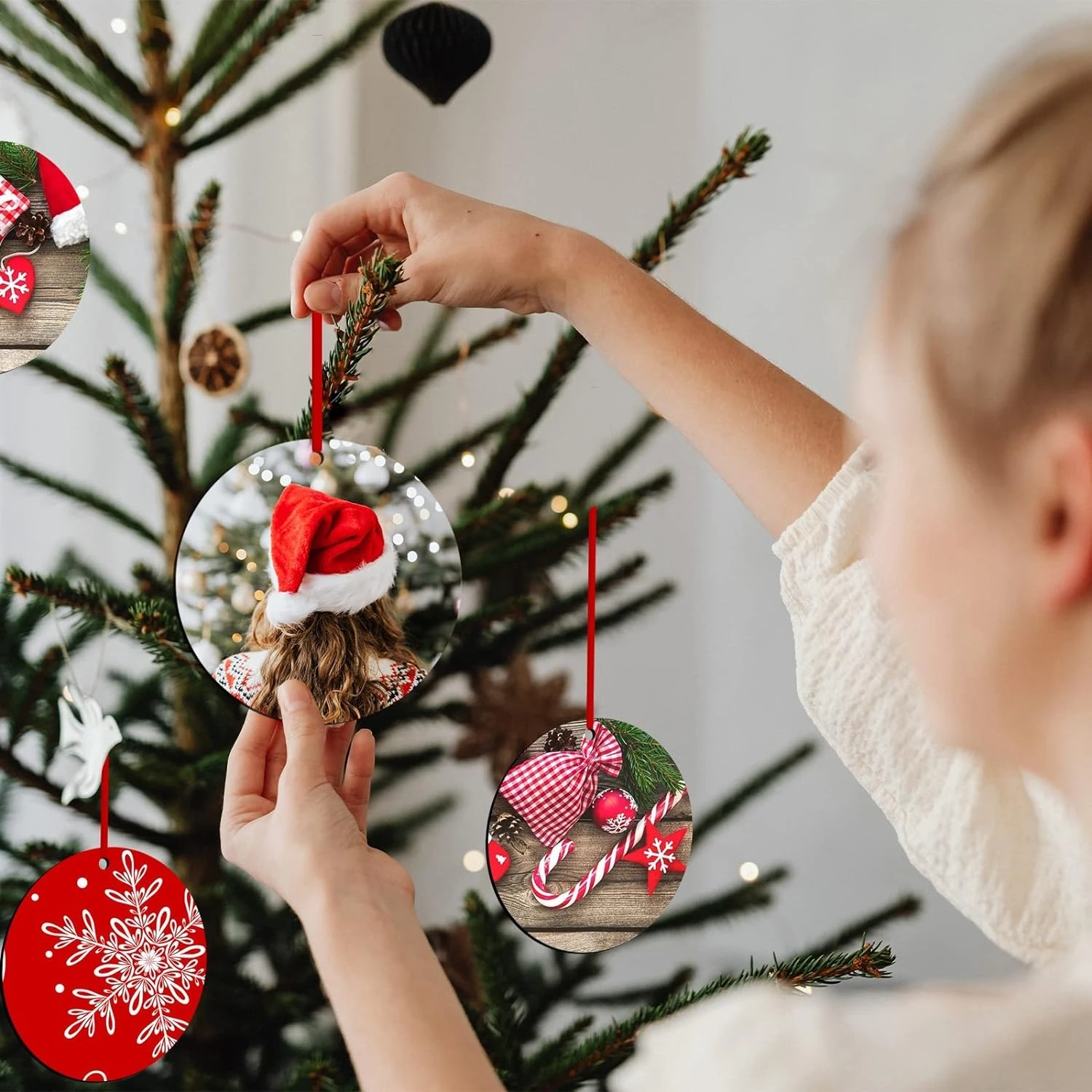 Adornos de sublimación navideños en blanco, colgantes de doble cara con cuerda roja, decoración personalizada de MDF