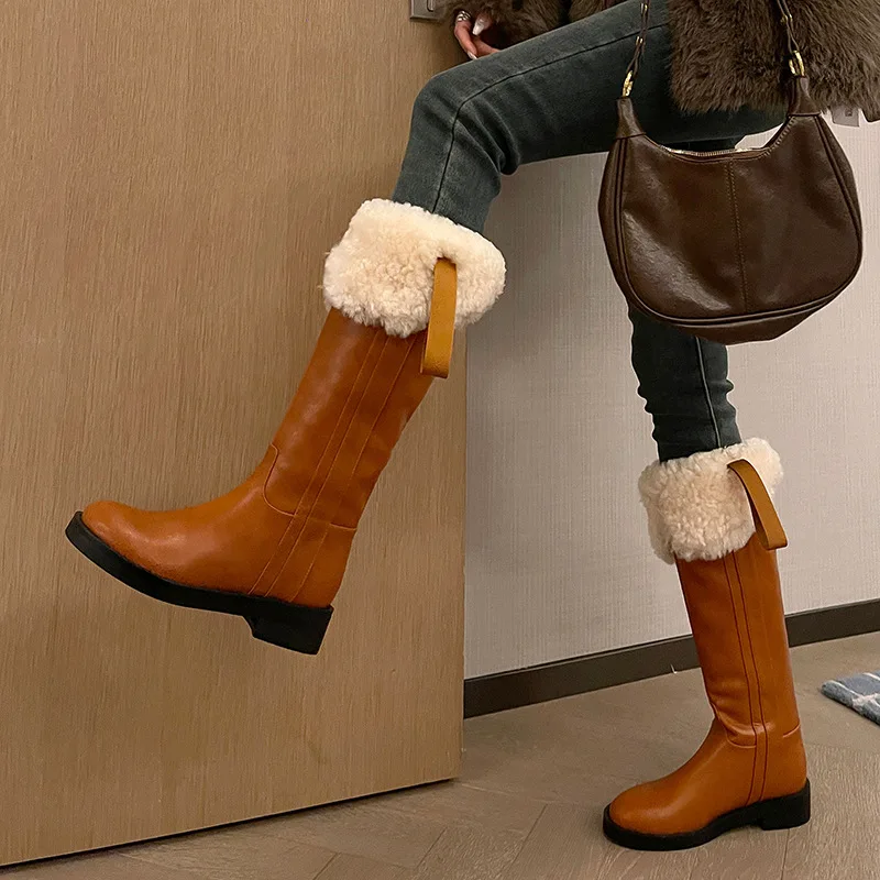 2025 New Plush Lamb Wool High End Snow Boots for Women, Thick Heel Warm Knee Over Long Boots, Brown Fashion Commuter Boots