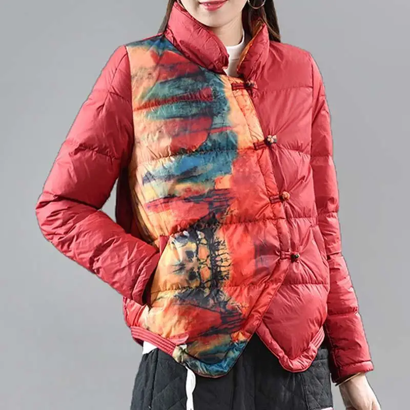 Vintage Coil Button Print Patchwork Down Cotton Jacket Winter Women Cropped Jacket Warm Coat Lightweight Coat Long Sleeve Parkas