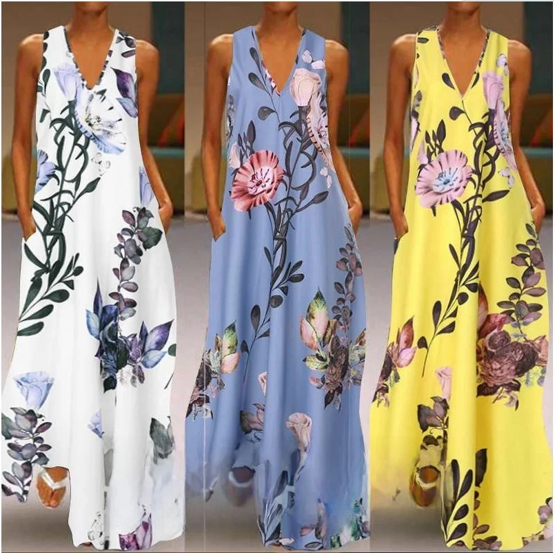 Letnia sukienka midi z głębokim dekoltem w serek, kwiatowym wzorem, rozkloszowana, z kapturem, długa spódnica, styl uliczny, poliester, moda damska...