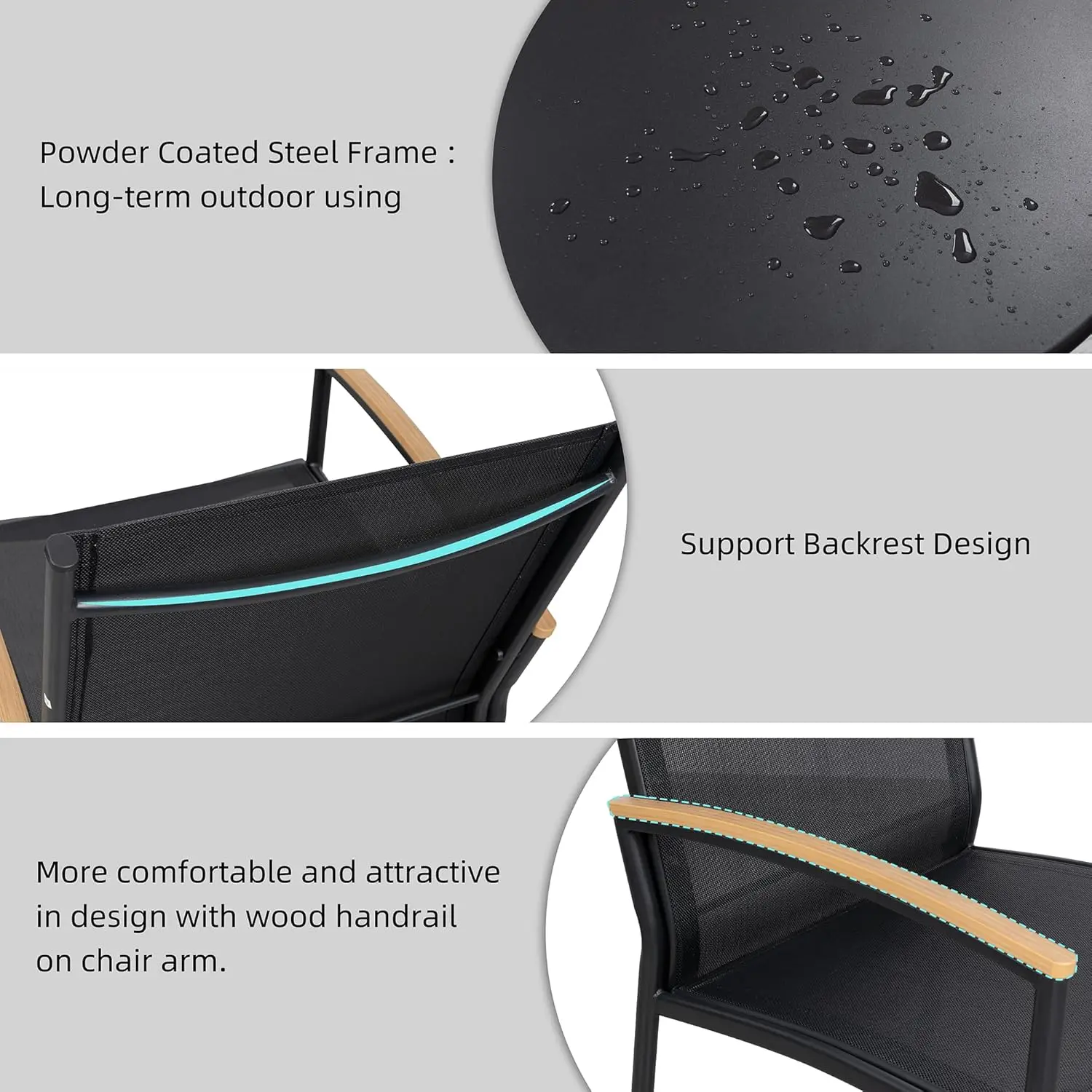 طقم بيسترو أسود مكون من 3 قطع، كراسي وطاولة للفناء، أثاث خارجي صغير لحديقة الحديقة والشرفة الأمامية