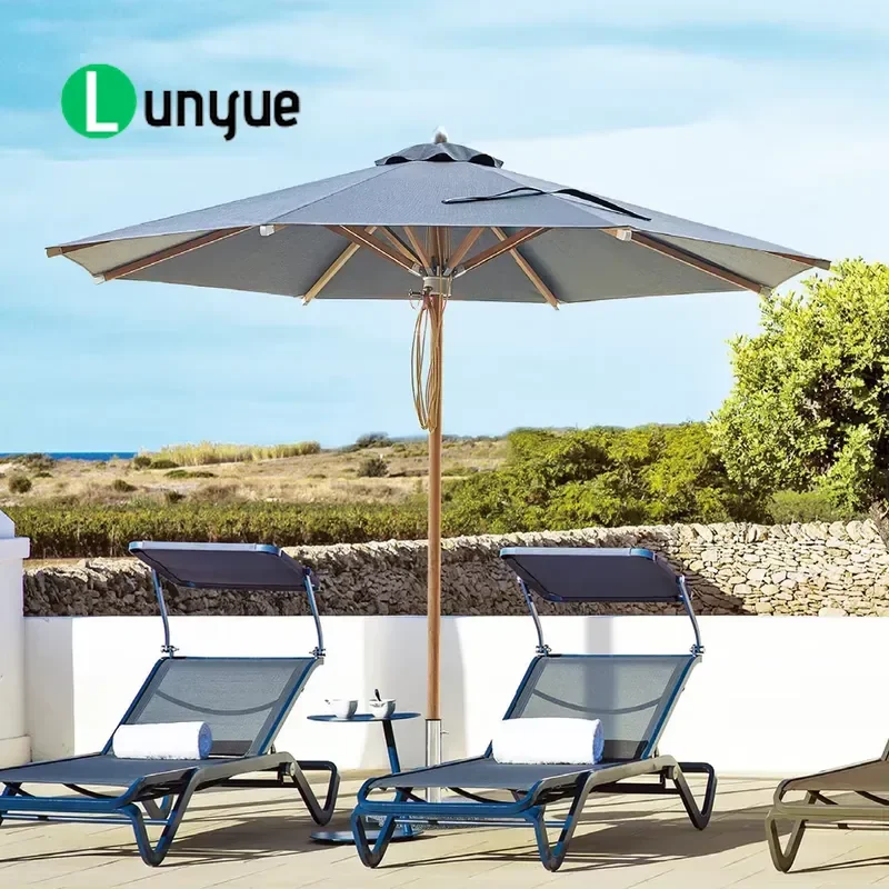 Hand Pulled Rope Medium Pole Parasol All Aluminum Frame 260g Yarn Dyed Polyester Fabric For Villa Swimming Pool Homestay